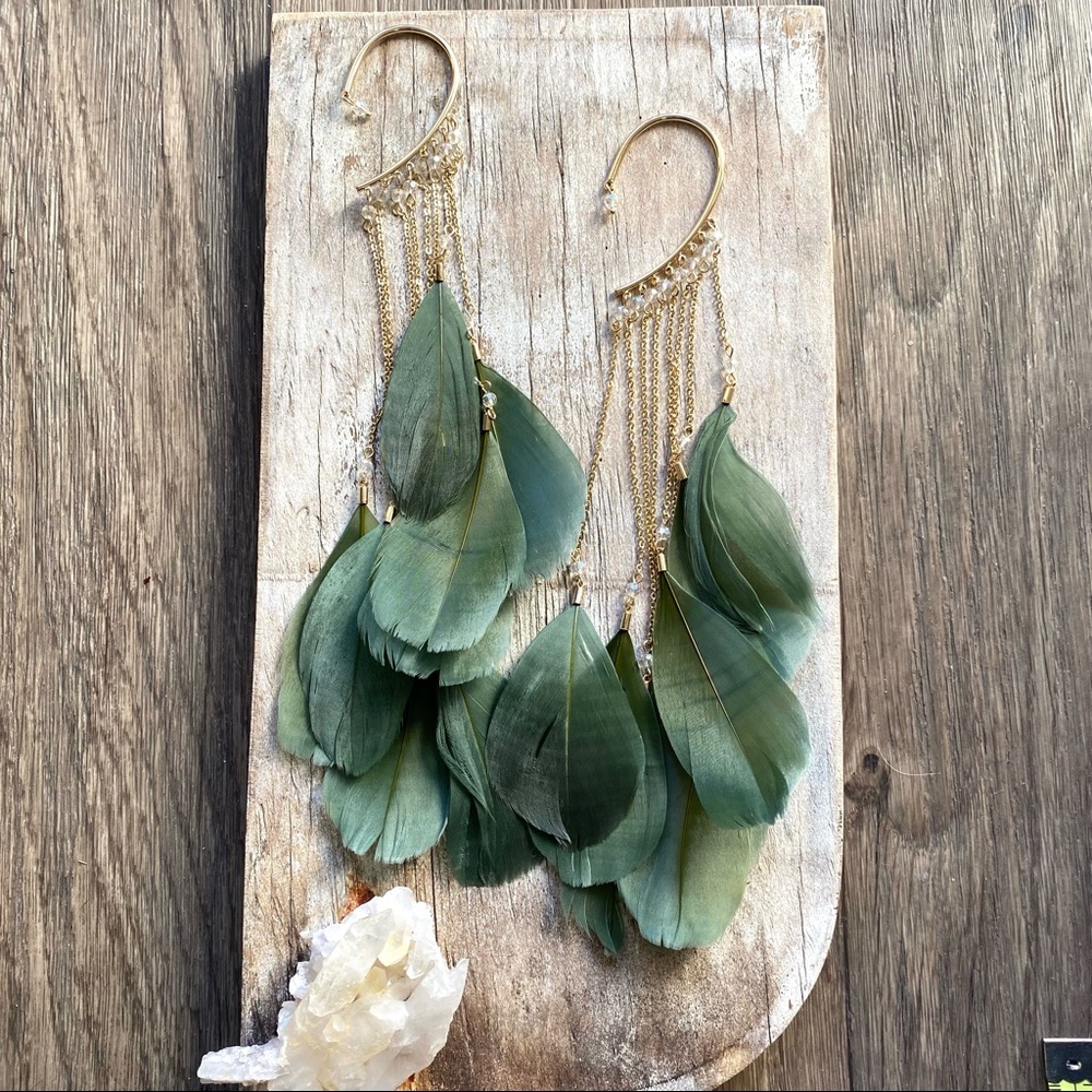 FP Green Feather Behind the Ear Statement Earrings - Picture 2 of 4